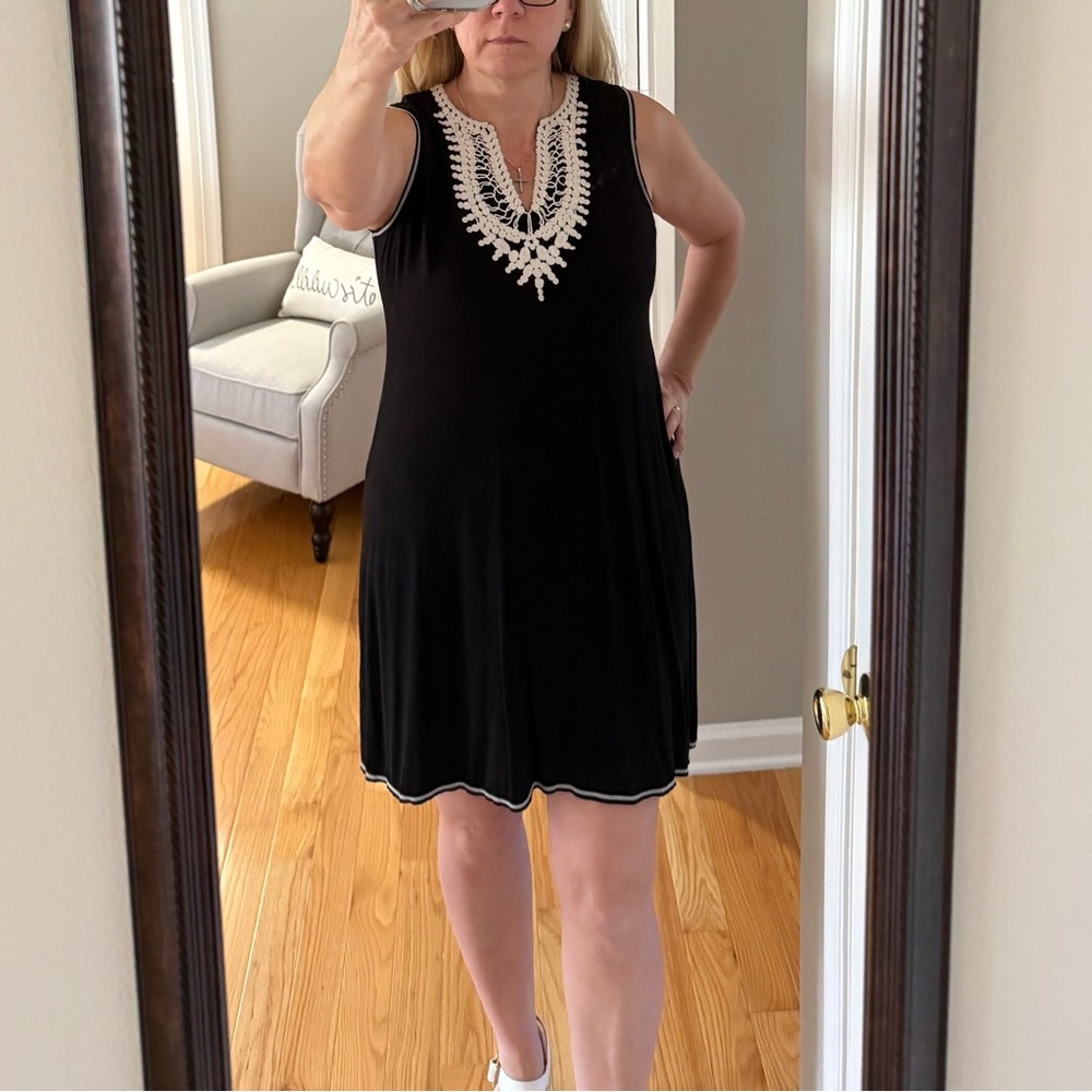 Black Sleeveless Dress with White Embroidery